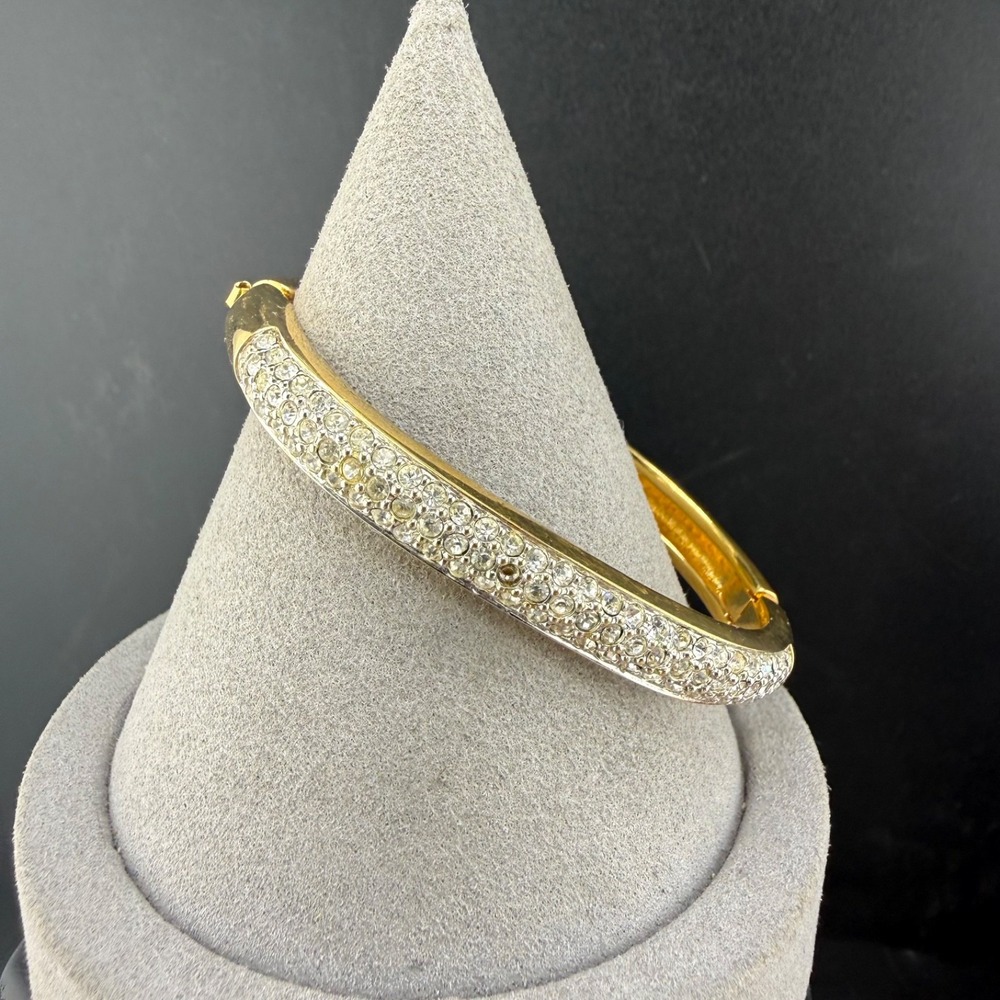 Vintage Swarovski Bangle Bracelet Gold Tone Pave Crystal Hinged 5.5in